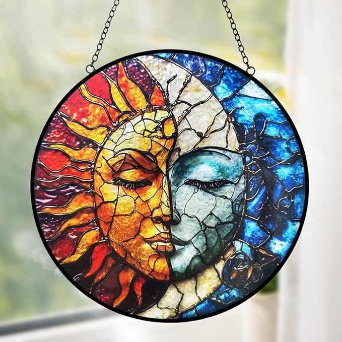 Sun and Moon Decor Suncatcher Stained Glass Window Hanging - Wall Art Stained Glass Suncatchers for Windows Hanging - Home Sun Catchers Indoor Window with Chain - Celestial Decor Gifts for Women Mom-VerdiqueGarden