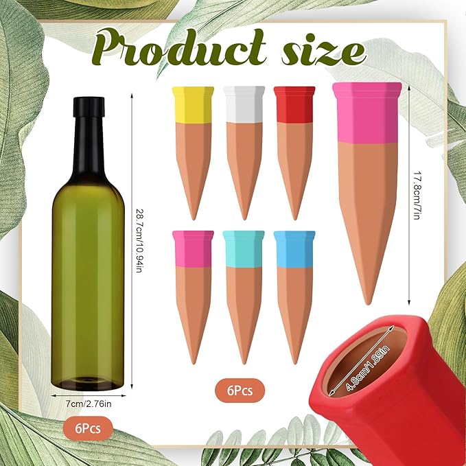 12 Pack Plant Watering Devices Include 6 Terracotta Self Watering Spikes and 6 Pcs 26 oz Plastic Bottles, Slow Release Vacation Insert Automatic Plant Waterer Device (Mixed Colors)-VerdiqueGarden