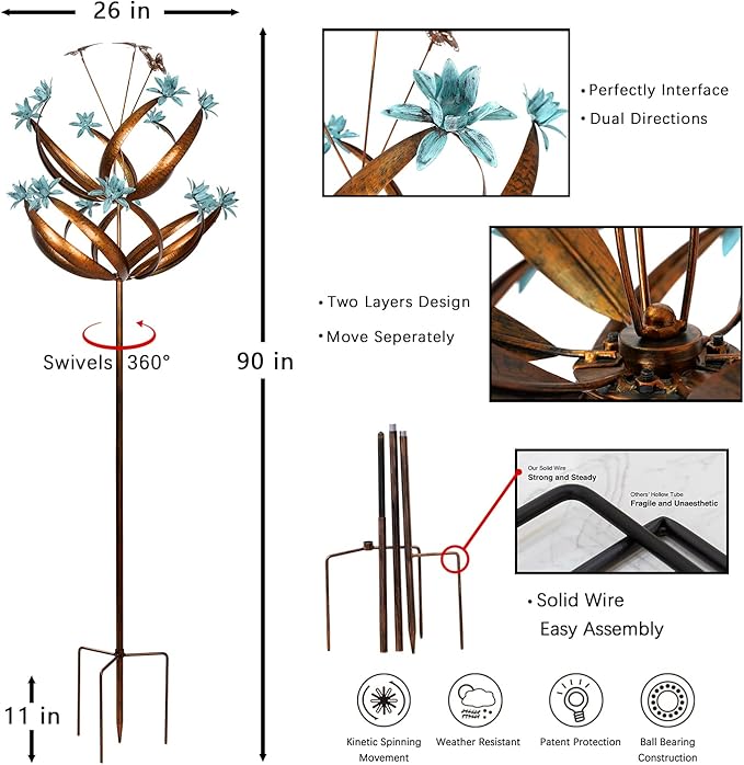 Butterfly Flower Garden Wind Spinner - Large Kinetic Outdoor Metal Wind Sculptures & Spinners Decor for Yard and Garden, Whirligigs Large Wind Spinners for Patio, Lawn, Outside (26" W x 90" H)-VerdiqueGarden