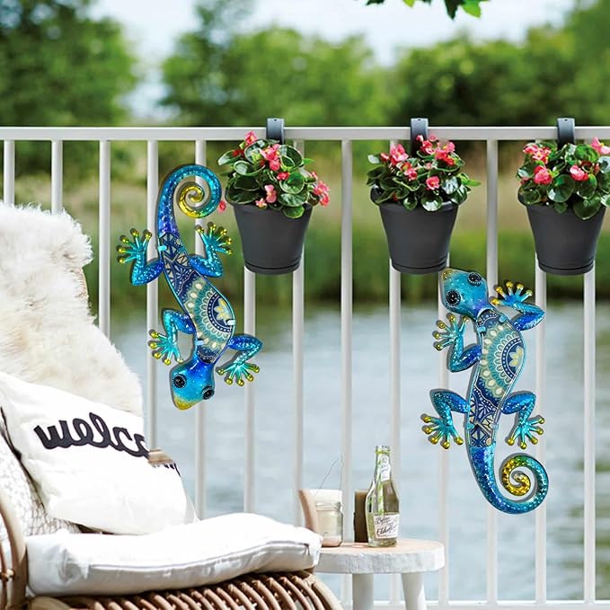HONGLAND Metal Gecko Wall Art 2Pcs Outdoor Wall Decor Lizard Metal Hanging Wall Decoration Glass Sculpture for Garden Yard Patio Fence Home (Blue)-VerdiqueGarden