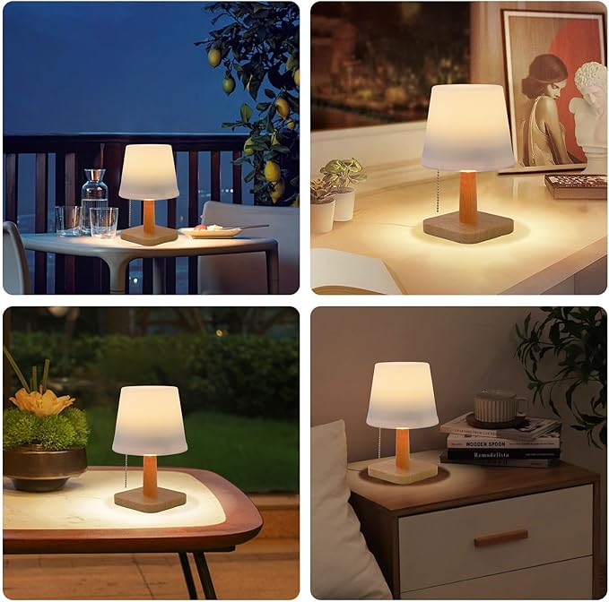pearlstar Solar Table Lamp Outdoor - 2 Pack LED Waterproof Cordless Solar Desk Lamp with Pull Chain 2 Lighting Modes, Auto ON/Off for Outside Patio Coffee Table Garden Bedroom Living Room(White)-VerdiqueGarden