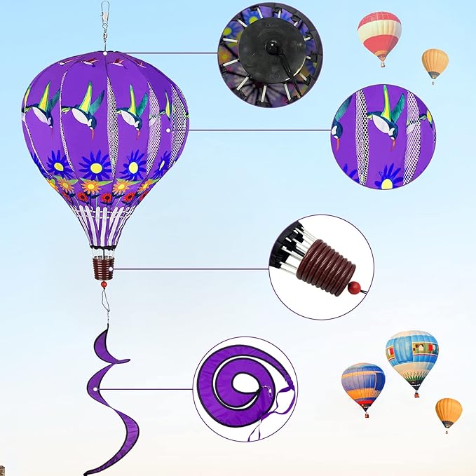 2 PCS Gaint Hot Air Balloon Wind Spinners 59 inch Garden Wind Spinner Large Hummingbird Ladybug Spinners Hanging Wind Socks Twisted Whirlygig Windmill for Yard Garden Lawn Outdoor Decorations-VerdiqueGarden