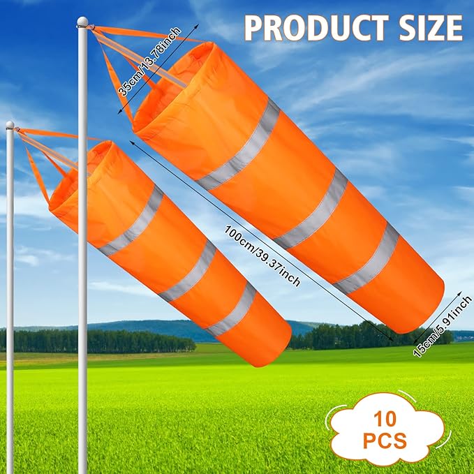 10 Pcs Airport Windsocks 40 Inch Outdoor Hanging Heavy Duty Wind Direction Measurement Wind Sock Windsocks with Reflective Belt for Outdoors Airport Farm Park (Orange)-VerdiqueGarden