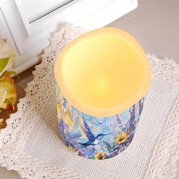 Ystardream Flameless LED Battery Candles Pack of 4 Waterproof Pillar Candles Tealights with 18-Key Timer Remote Colorful Lights for Outdoor Home Decoration Oil Painting Hummingbird-VerdiqueGarden