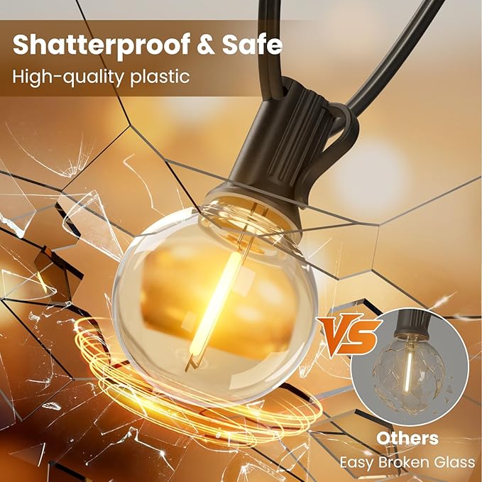 RTTY Outdoor String Lights 25 FT, G40 Led Patio Globe Lights with 13pcs Bulbs,Waterproof Shatterproof Dimmable Connectable Hanging for Cafe Bistro Backyard Gazebo Balcony Deck Party-VerdiqueGarden