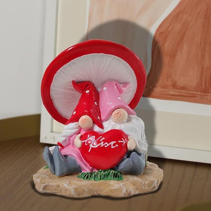 Garden Pink Tiny Gnome Couple Statue with Red Heart Mushroom Funny Outdoor Resin Figurines Home Decorations Valentine’s Day Housewarming Ornament Gift-VerdiqueGarden
