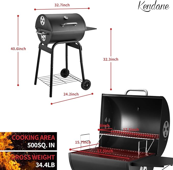 Barrel Charcoal Grill, Large Charcoal Grills with Side Shelf, Outdoor BBQ Grill,Perfect for Backyard Camping, Patio Parties, and Picnics-VerdiqueGarden