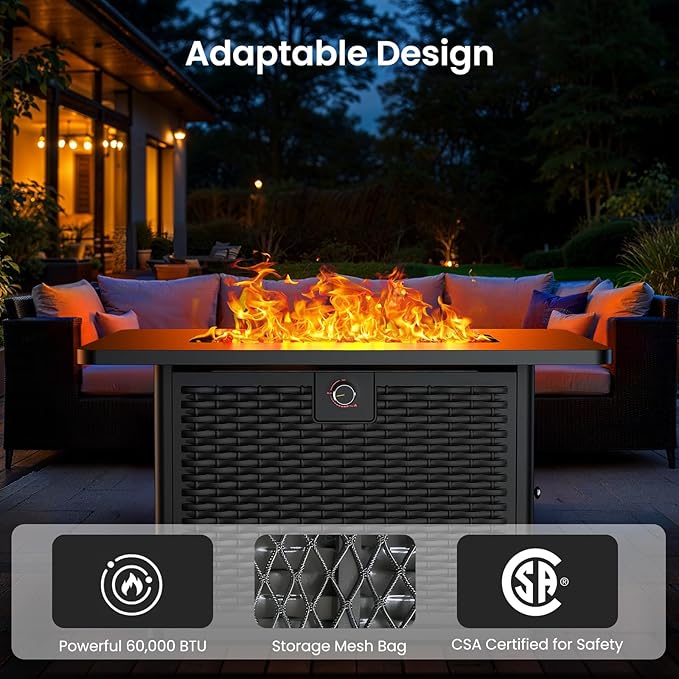 Ciays 43-Inch Rectangular Propane Fire Pit with 60,000 BTU Output, Gas Fire Pit with Cover and Rocks, Fire Pit Table CSA-Certified 2 in 1 Table Gatherings Parties with 304 Stainless Steel H-Burner-VerdiqueGarden
