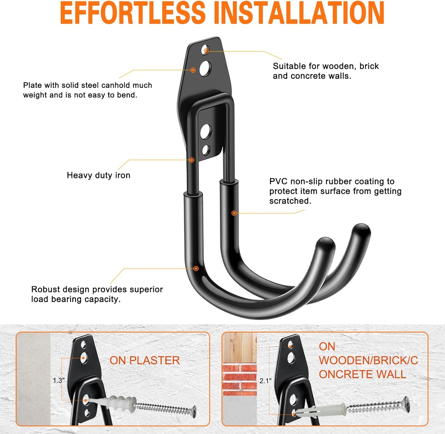 Heavy Duty Garage Hooks 4 Pack, J Shaped Hanger, Wall Mounted Storage System, Power and Garden Tool Organizer, for Hanging Ladders, Bikes Tires, Hose, Bulk Items-VerdiqueGarden