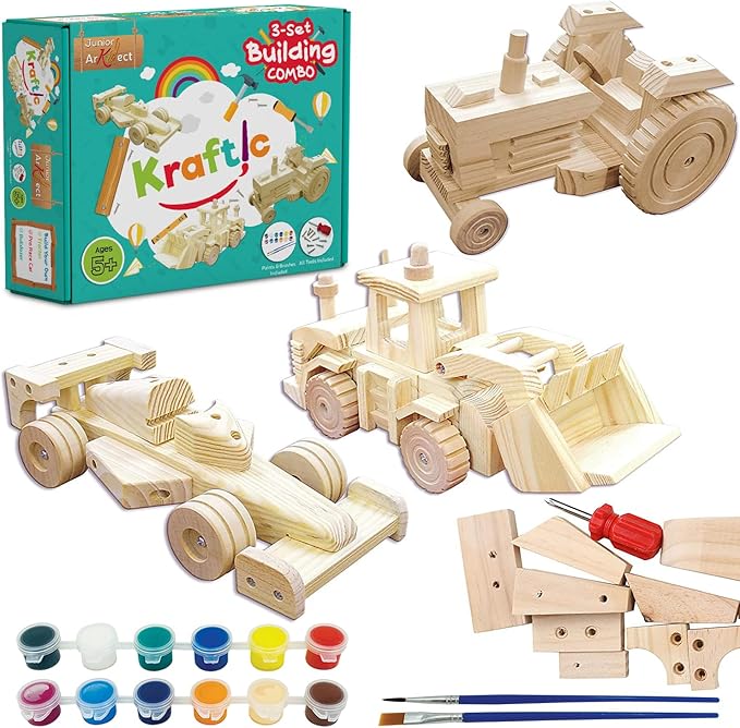 Kraftic Woodworking Building Kit for Kids, with 3 Educational DIY Carpentry Construction Wood Model Kit Toy Projects for Boys and Girls- Tractor, Bulldozer and Racing Car-VerdiqueGarden