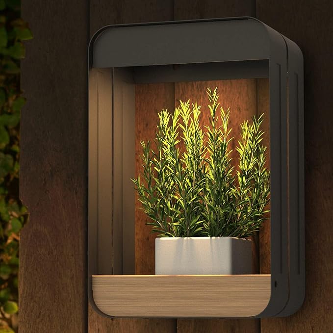 Grand patio Solar Outdoor Power Wall Sconce Shelf Planter, Waterproof Decor LED Wall Light Lamp with Woodgrain for Patio, Porch, Solar Energy, Black(S-Rectangle)-VerdiqueGarden
