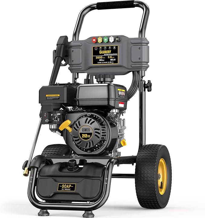 BLUBERY 3500 PSI Gas Pressure Washer, 2.6 GPM Heavy Duty High Power Washer, 30Ft Pressure Hose&Soap Tank,5 Pressure Nozzles,Black-VerdiqueGarden