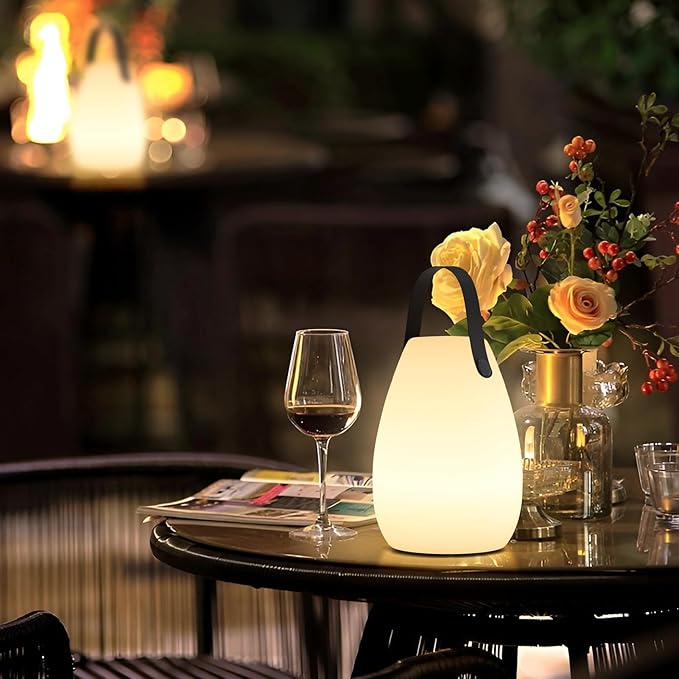 uuffoo 2 Pack Portable Outdoor Table Lamp, Dimmable Cordless Lamp with Remote and 7 RGB Colors IP44 Waterproof Hanging Lamp Indoor/Outdoor Night Lamp Lantern for Bedroom Garden Dining Camping-VerdiqueGarden
