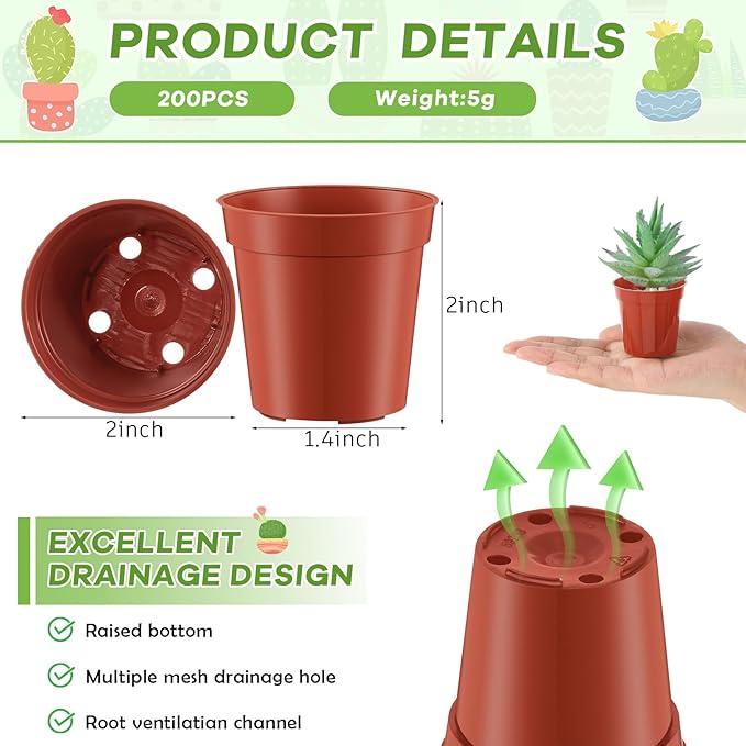 Yaomiao 200 Pcs 2 Inch Red Mini Plastic Plant Pot Nursery Seedling Pots Seed Starter with Drainage Holes for Indoor Outdoor Garden Succulent Plants Cuttings Transplanting-VerdiqueGarden
