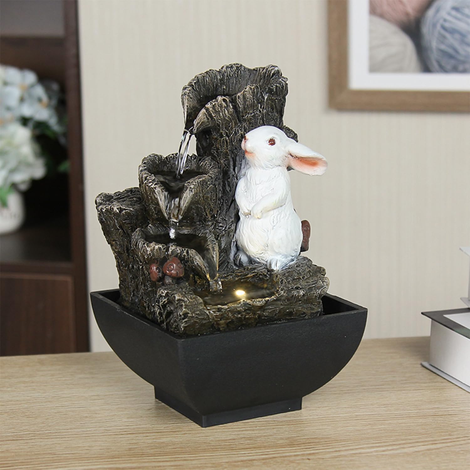 Small Cascading Rock Tabletop Fountain, Cute Little White Rabbit Indoor Waterfall Fountain with Colored LED Lights and Rolling Ball, 3 Tiered Desktop Fountain for Office Home Bedroom-VerdiqueGarden