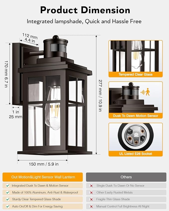 Outdoor Motion Sensor Light, 2 Pack Outside Sconce, Bronze Motion Sensor for Outside, Anti-Rust, Outdoor Light Fixture with Tempered Clear Glass for House, Garage,Entryway, Waterproof-VerdiqueGarden