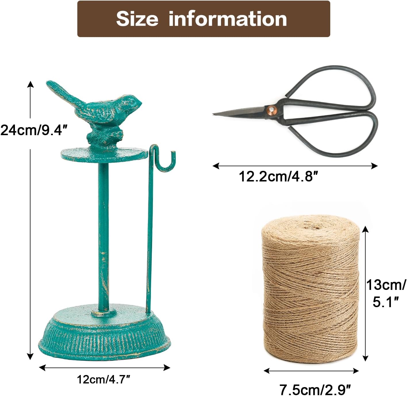 Sungmor Cast Iron Garden Twine Holder Set - 1300ft. Natural Jute Twine String & Rope Rack & Scissors - Decorative & Practical Home Arts Crafts Tools for Picture Display Gift Wrapping Packing Gardening-VerdiqueGarden