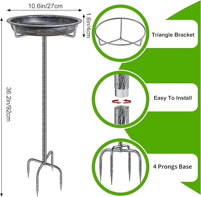 Metal Bird Bath for Outdoors Garden Birdbath Bowl, 36.2" Height Freestanding Bird Feeders for Outside with 4 Prongs Base Stake, Standing Birdfeeders for Yard Lawn Decor (Retro Silver)-VerdiqueGarden