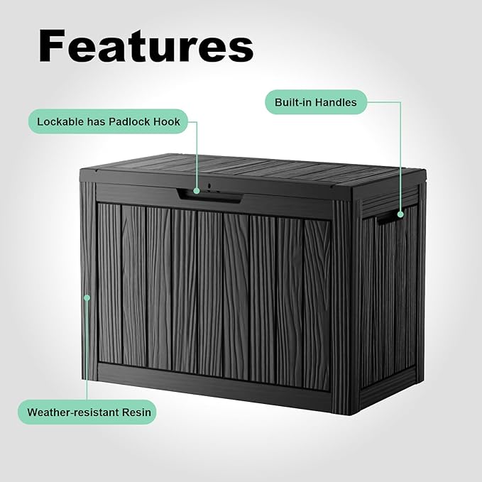 45 Gallon Resin Deck Box, Lockable Outdoor Storage Box for Patio Cushions Storage Furniture,Garden Tools, Pool Supplies, Weatherproof and UV Resistant（Black）-VerdiqueGarden