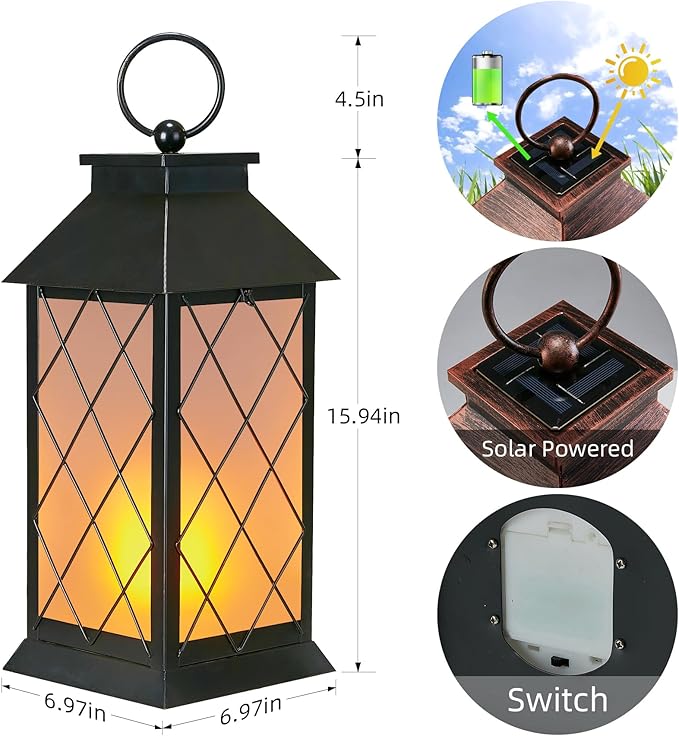 18" Solar Lanterns Outdoor Waterproof, Glass Solar Flickering Flame Lantern Large Hanging Solar Lantern Metal Decorative for Patio Garden Backyard Outside Tabletop (Vintage Black)-VerdiqueGarden