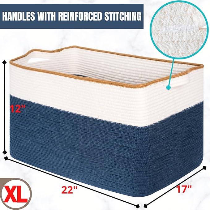 MINTWOOD Design 22in Extra Large Blanket Basket Holder Living Room, Rectangle Rope Woven Storage Basket with Handles for Laundry, Pool Towels, and Shoes, Dog Toy Organizer Bin Box, Prussian Blue-VerdiqueGarden