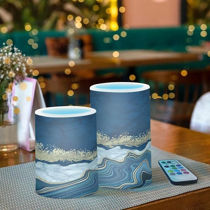 Flickering Flameless Candles, Navy Blue Marble Golden Veins LED Candles with Remote Timer, Set of 2 Battery Operated Candle for Valentine Wedding Birthday-VerdiqueGarden