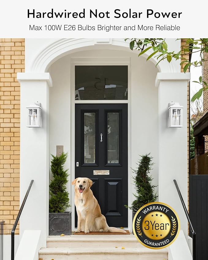 White Outdoor Wall Lights, Dusk to Dawn Exterior Lighting Fixtures, Waterproof Outside Lights for House, Garage, Garden, Entryway, Doorway, Anti-Rust, Modern Style, Tempered Glass-VerdiqueGarden