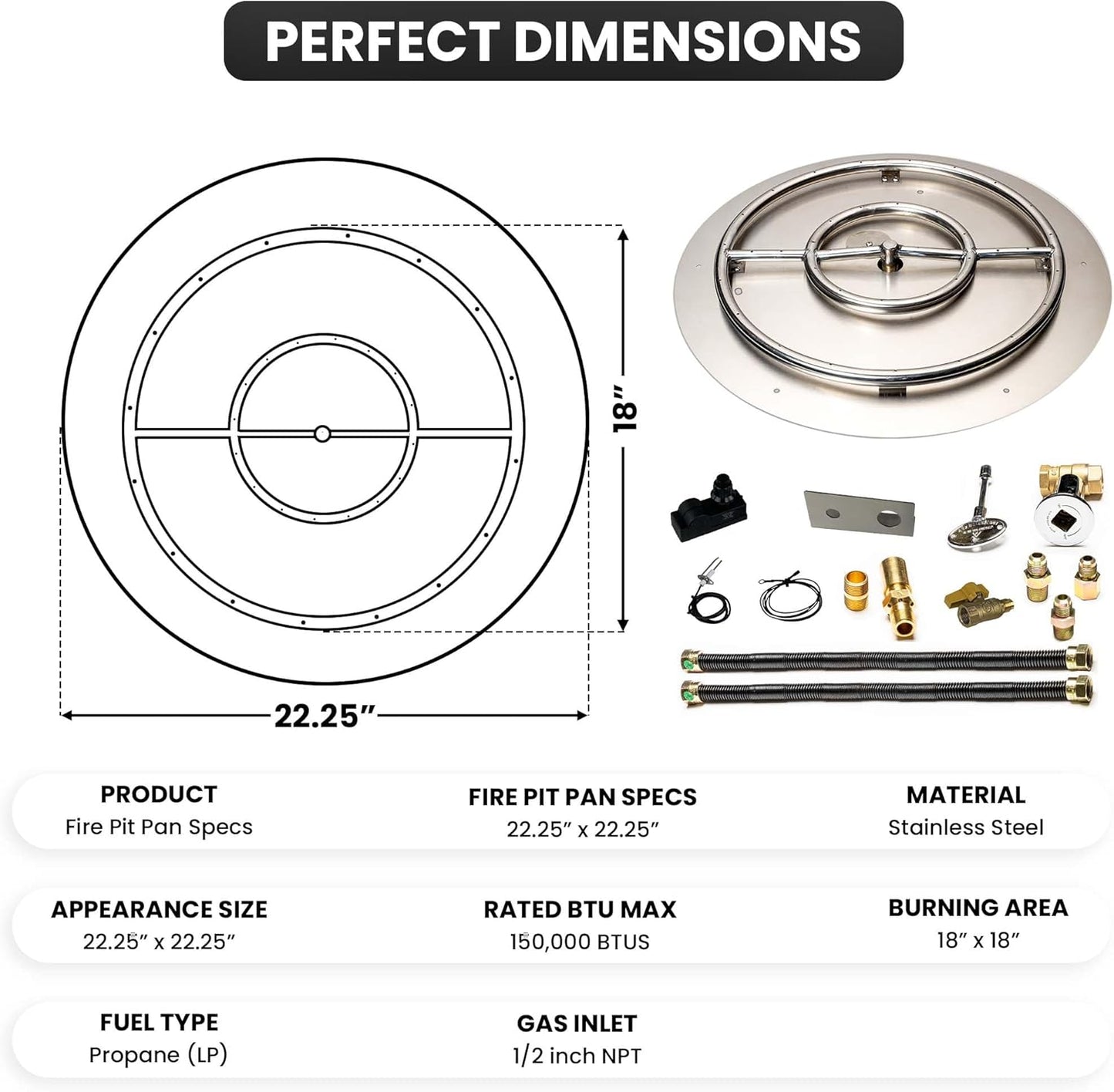 Stainless Steel Fire Pit Burner Pan & Ring Deluxe Kit for Liquid Propane, 22-Inch Pan, 18-Inch Ring, 150,000 BTU Max-VerdiqueGarden