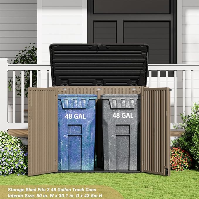 KINYING Larger Outdoor Storage Shed Weather Resistance, Resin Sheds & Outdoor Storage for Garden, Patios, Backyards, 48 Cu.Ft Tool Shed for Garbage Cans, Lawn Mower, Garden Tools,Brown-VerdiqueGarden
