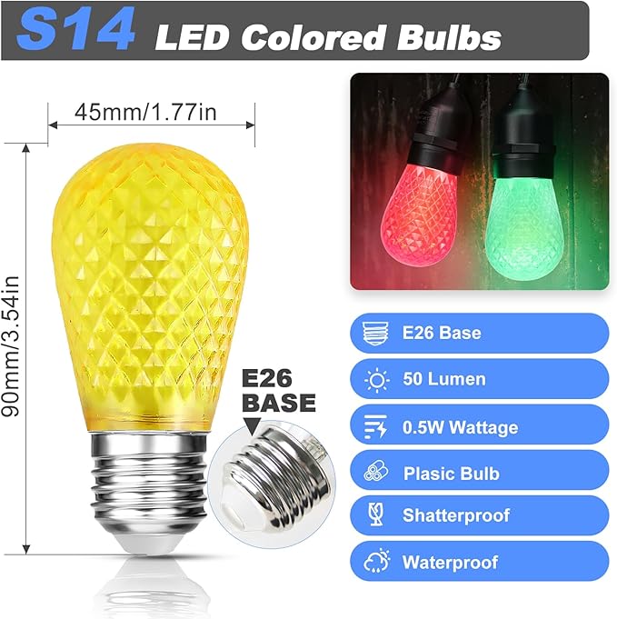 BRIMAX S14 LED Colored Light Bulbs with Faceted Surface,Outdoor Indoor String Light Replacement Bulbs,Plastic,Shatterproof, E26 Base, for Christmas Halloween Party and Holiday Decor,15 Pack-VerdiqueGarden