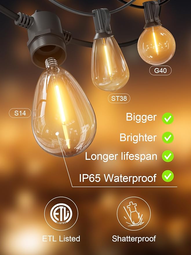 Svater Outdoor String Lights 50 FT, Patio Light for Outside with Shatterproof LED Bulbs, IP65 Waterproof Connectable Hanging Lights for Backyard, Bistro, Cafe, Balcony, Party, Black-VerdiqueGarden