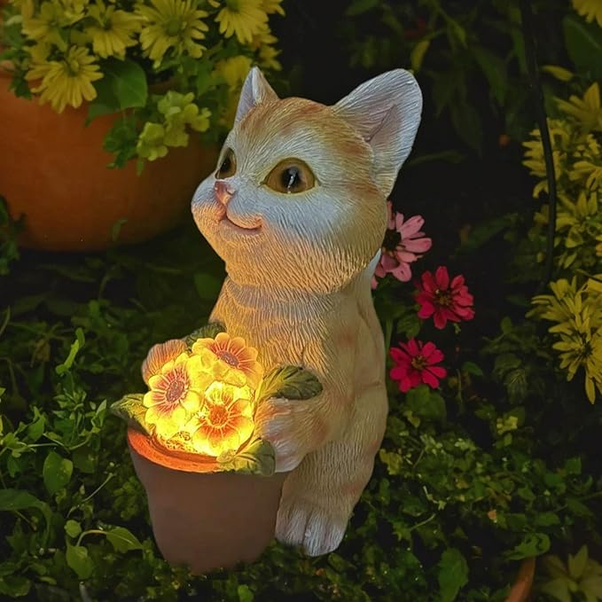 YODY Solar Garden Statues Outdoor Decor- Yard Decorations for Patio, Balcony, Backyard, Lawn Ornaments - Cat Statue with Flower Pot- Unique Cat Lover Gifts for Mom, Grandma, Women-VerdiqueGarden