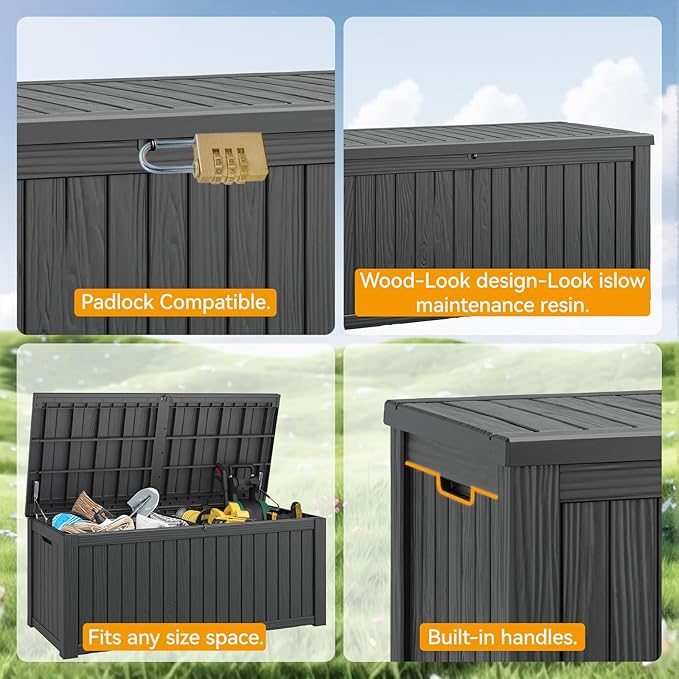NUNU LAB 180 Gallon Outdoor Storage Box,Large Resin Sturdy Deck Box, Backyard Outside Storage Box Waterproof with Double Wall Panels,Package Delivery Garden Hose Storage Bin Outdoor Tool-VerdiqueGarden