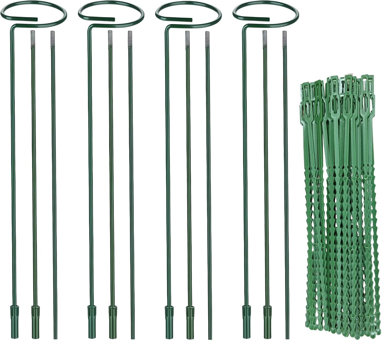 Huakaile 4 Packs Adjustable 35.4" Plant Stakes and Supports with 30 Pieces 9" Twist Ties, Green Plant Holder Stick Outdoor Indoor, Metal Flower Support Stakes Rings for Gardens Vegetables (90 cm)-VerdiqueGarden