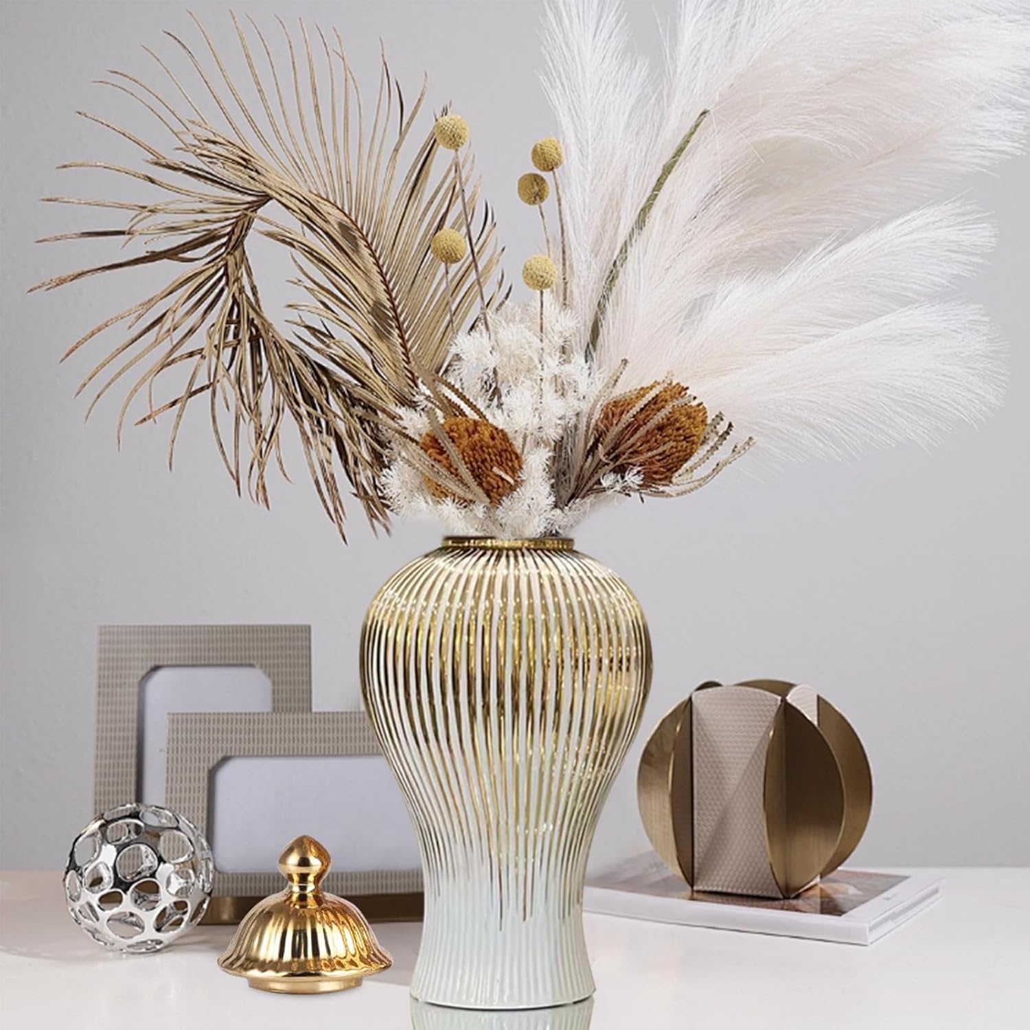 Ginger Jar, White Gold Ceramic Vase Large Handmade Porcelain Vases with Lid, White Gold Decorative Flower Vase for Home, Living Room, Weddings, Centerpieces (B-Medium)-VerdiqueGarden