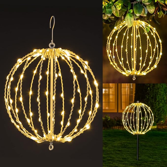 Hotelstar 96LED Foldable Light Sphere - 12IN Hanging, Pathway & Tree Light with Hook & Stake for Outdoor Garden, UL Listed, White Metal Frame, Warm White Light-VerdiqueGarden