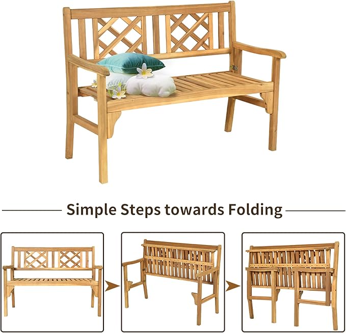 Tangkula Folding Outdoor Wood Garden Bench, Foldable Acacia Wood Patio Bench with Wide Curved Armrest & Backrest, Outside 2-Person Loveseat Chair for Entryway, Yard, Deck, Balcony & Park-VerdiqueGarden