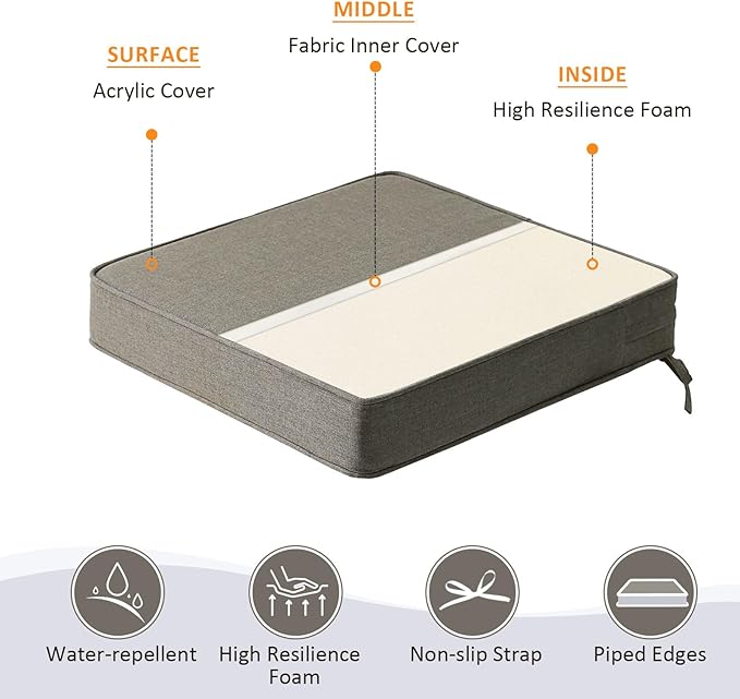 Sunbrella Square Corner Seat Cushions, 19" x 19" x 3", Set of 4, Indoor Outdoor Water Repellent Universal Chair Pads with Ties for Patio Furniture, Garden Dining Chairs, Cast Shale-VerdiqueGarden