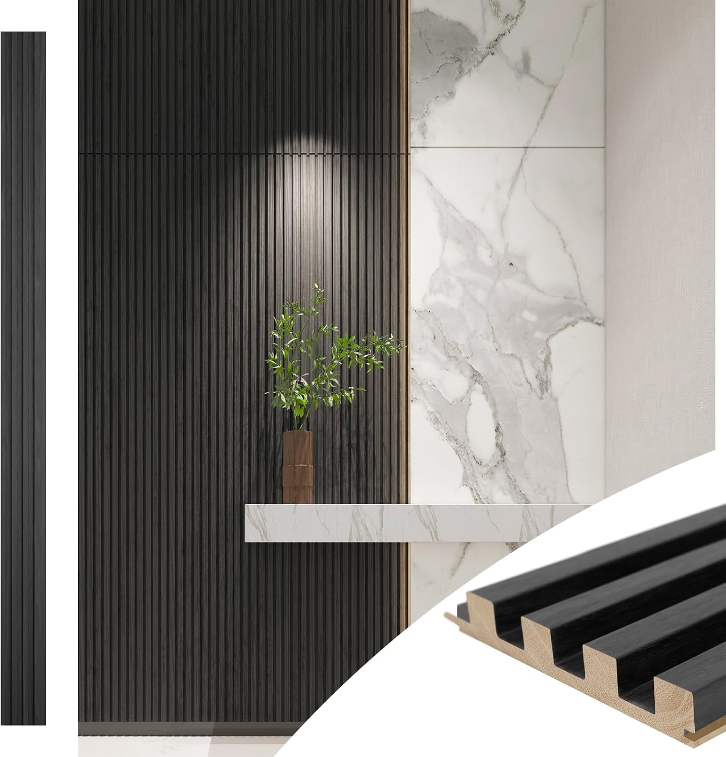 Art3d Slat Wood Wall Paneling for Interior and Ceiling Decoration - Pack of 4pcs + 1pc End-Trim, Size 108 x 5.7in.- Black-VerdiqueGarden