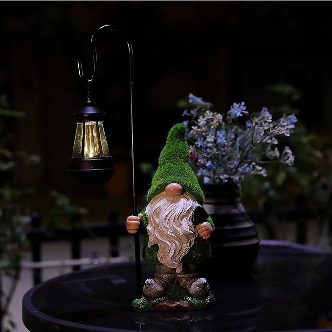 Flocked Garden Gnome Statue, Large Outdoor Gnome with Solar Lights, Funny Garden Figurines for Outdoor Home Yard Decor (15.8 Inch Tall)-VerdiqueGarden