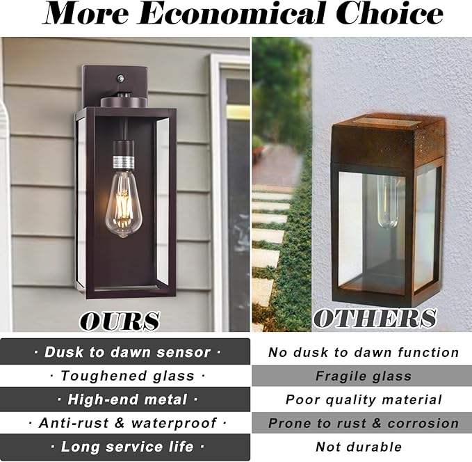 Oil-Rubbed Bronze Dusk to Dawn Outdoor Wall Light, Large 16" Exterior Wall Lantern Waterproof, Brown Farmhouse Porch Sconce, Modern Wall-Mounted Outside Light Fixture for House Garage, Patio Lamp-VerdiqueGarden