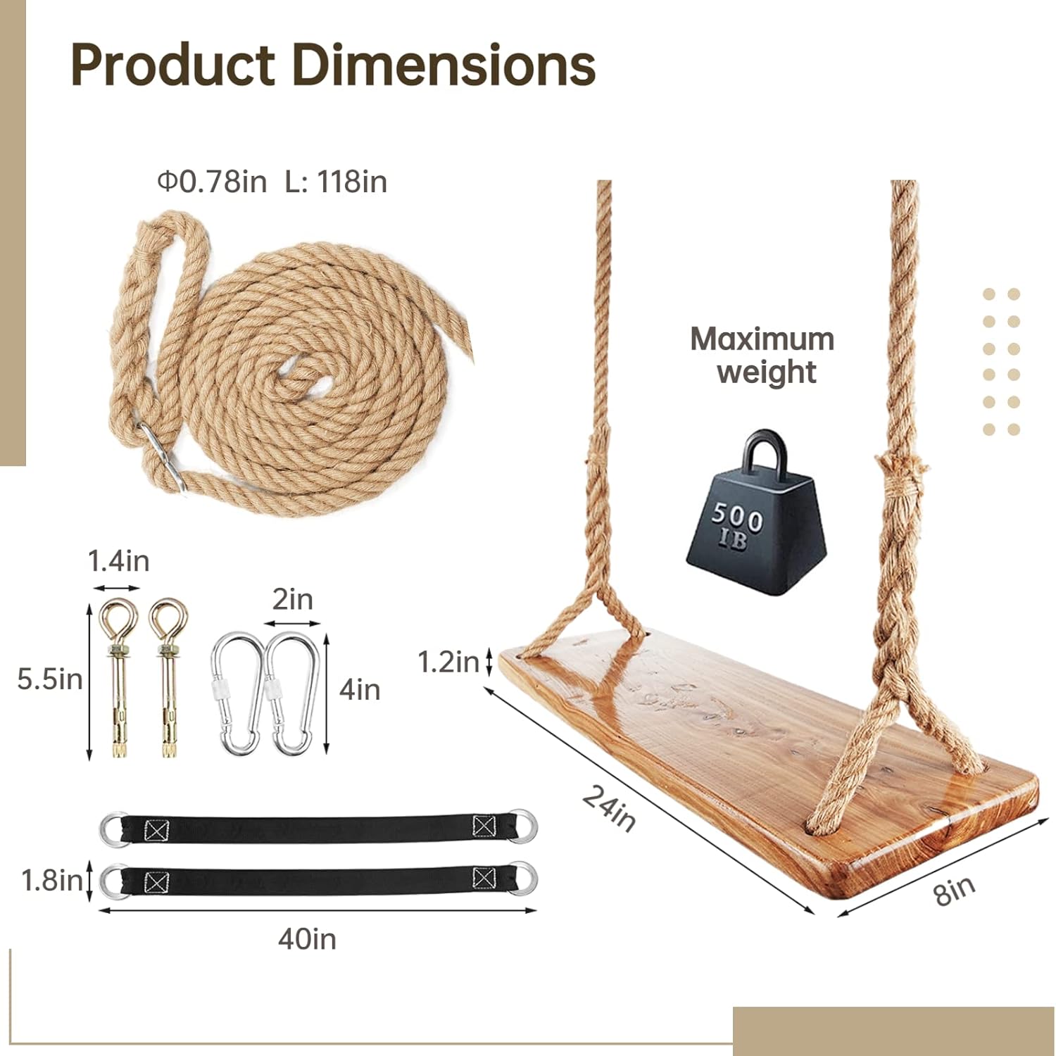 Wooden Tree Swing,500lbs Load Capacity Wooden Swing for Adults & Kids,Adjustable Height,Waterproof Hanging Swing Seat for Indoor,Outdoor,Backyard,Garden,Playground (Adult)-VerdiqueGarden