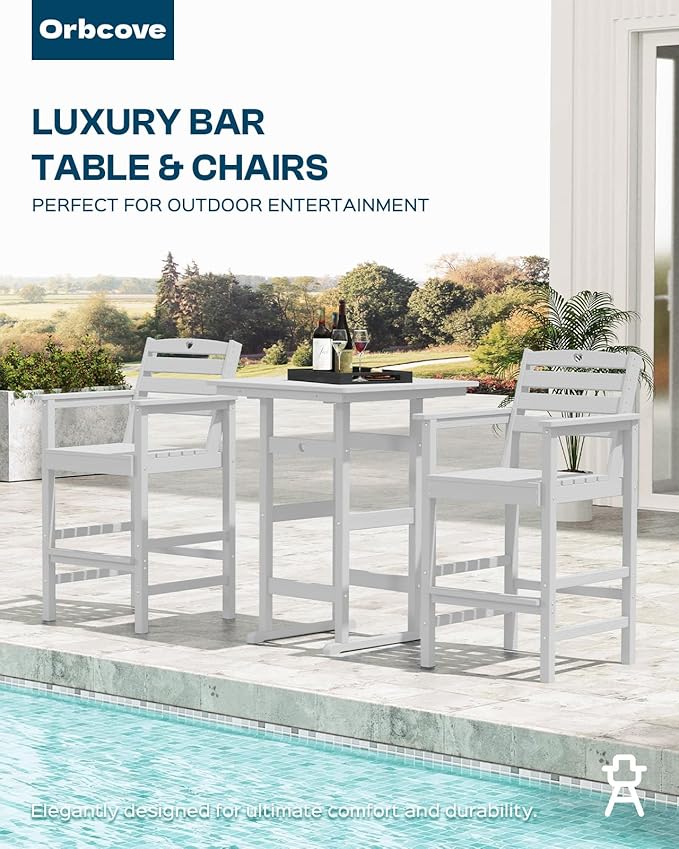 3-Piece HDPE Outdoor Bar, Outdoor Bar Stools and Outdoor Bar Table with Heart Cutout Design, All Weather Bistro Set Outdoor for Patio, Porch, Pool (White)-VerdiqueGarden