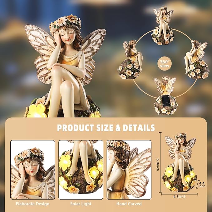 Solar Fairy Statue Sitting on The Flower Ball Light 6.8" Angel Statues for Garden Yard Patio Porch Lawn Decor Resin Fairy Figurine Outdoor Waterproof Angel Gifts for Women Mom Sister-VerdiqueGarden