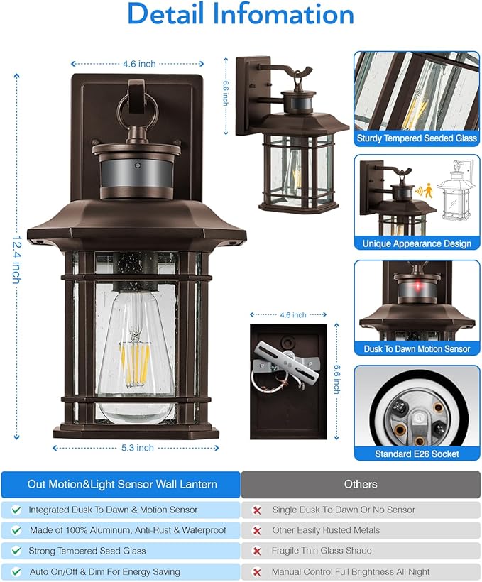 VIANIS Brown Motion Sensor Outdoor Light Fixture, Dusk to Dawn Exterior Lights for House, Waterproof, Anti-Rust Outdoor Sconce Lights for House, Doorway, Garage, Oil Rubbed Bronze-VerdiqueGarden