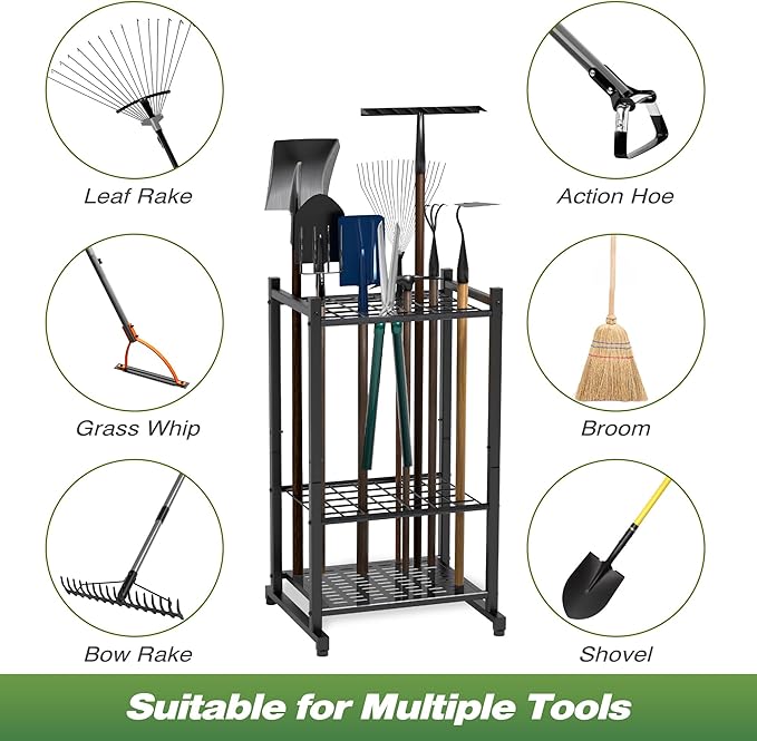 Garden Tool Organizer, Yard Tool Tower Rack for Garage Organization and Storage, Up to 35 Long-Handled Tools/Rakes/Brooms, Heavy Duty Steel Garden Tool Stand for Shed, Outdoor, Black-VerdiqueGarden