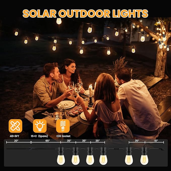 104FT(98+6) Solar String Lights Outdoor Waterproof, Solar Powered Patio Light with 30+2 Dimmable S14 Edison Bulbs Shatterproof & Remote Control, Solar String Lights for Outside Garden Backyard-VerdiqueGarden