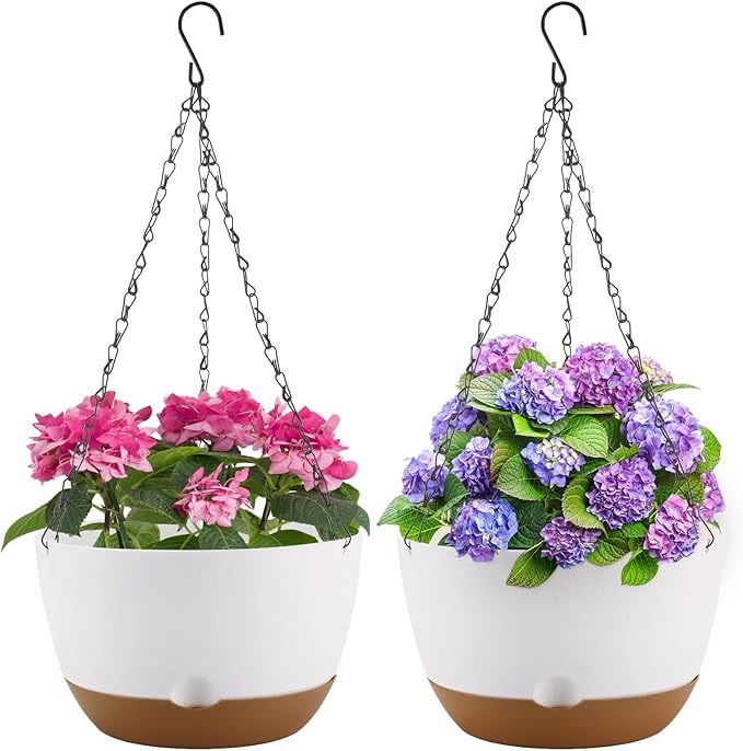 10 Inch Hanging Planter, 2 Pack Hanging Plastic Plant Self Watering Pot with Drainage Holes and Saucers, Hanging Baskets Flower Pots for Indoor Outdoor Garden Plants and Flowers-White-VerdiqueGarden