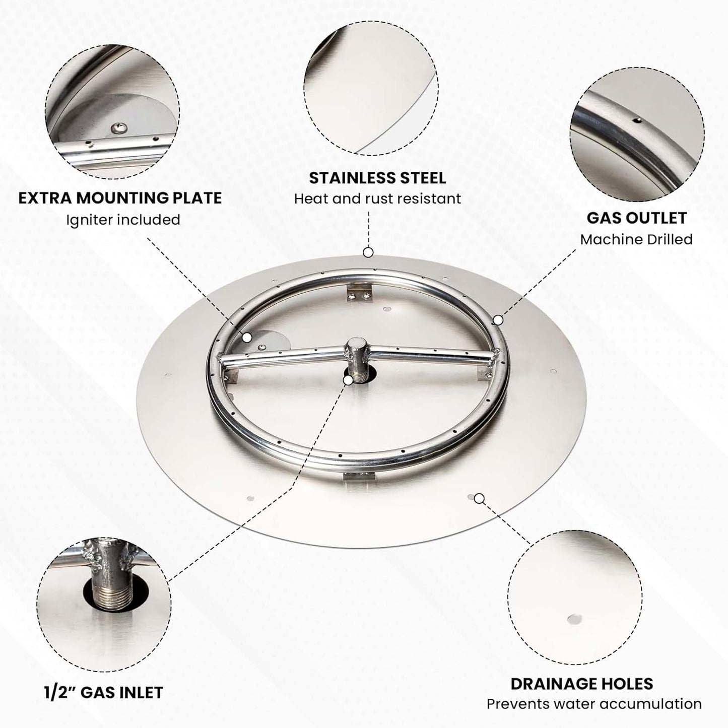 Stainless Steel Fire Pit Burner Pan & Ring Standard Kit with Spark Ignition for Liquid Propane, 18-Inch Pan, 12-Inch Ring, 90,000 BTU Max-VerdiqueGarden