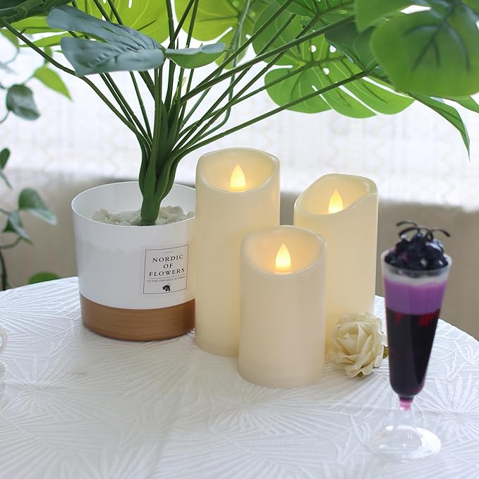CANDLE CHOICE Waterproof Outdoor Battery Operated Flameless Pillar Candles with Timer Realistic Flickering Plastic Fake Electric LED Lights for Lantern Garden Wedding Christmas Decorations 3 Pack-VerdiqueGarden